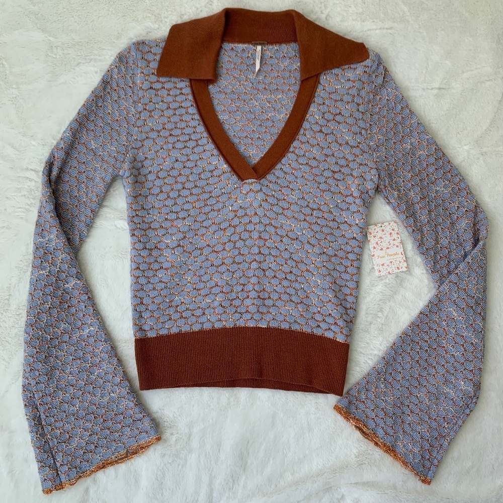 NWT Free People Vintage Blue Combo Sweater Retro